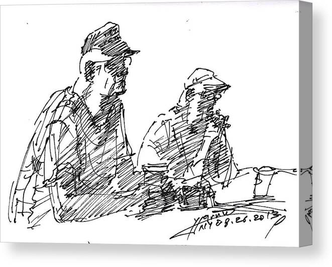 Men At Bar Canvas Print featuring the drawing Men At The Bar by Ylli Haruni