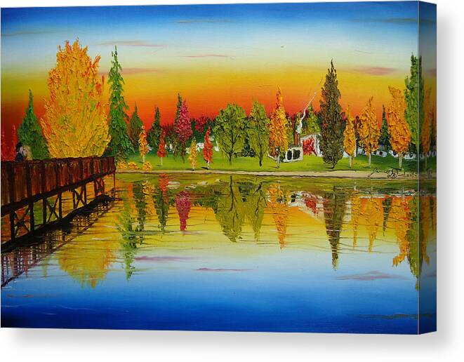  Canvas Print featuring the painting Mirror Pond Park Bend Oregon by James Dunbar