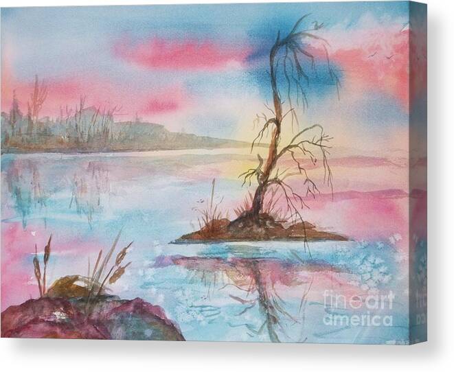Island Canvas Print featuring the painting Misty Dawn Over Lone Tree Island by Ellen Levinson