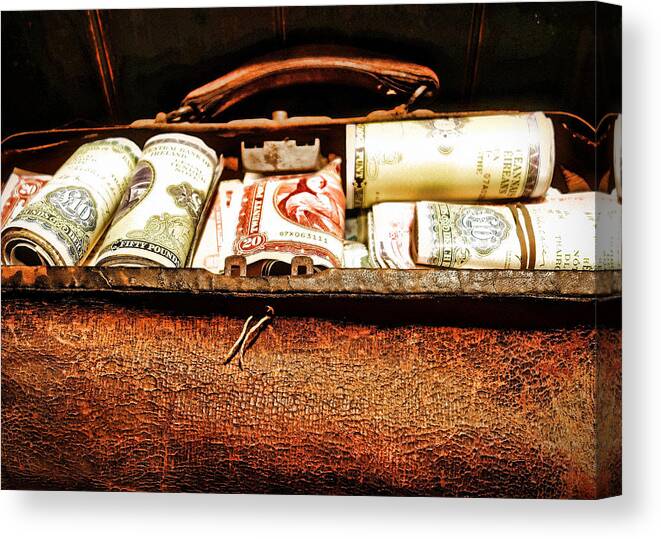 Old Leather Bag Filled With Money Canvas Print featuring the photograph Money Bag by Joan Reese