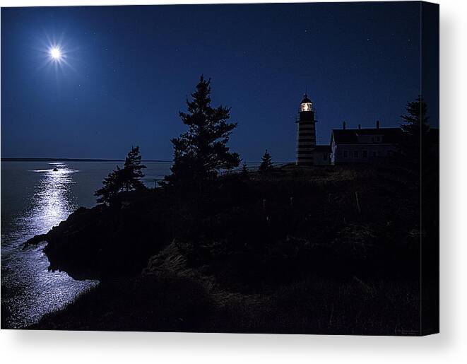 West Quoddy Head Lighthouse Canvas Print featuring the photograph MoonLit Panorama West Quoddy Head Lighthouse by Marty Saccone
