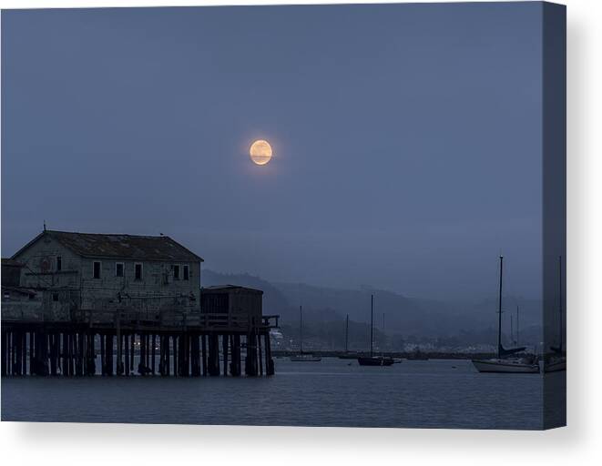 Moon Canvas Print featuring the photograph Moonrise over the Harbor by Alex Lapidus
