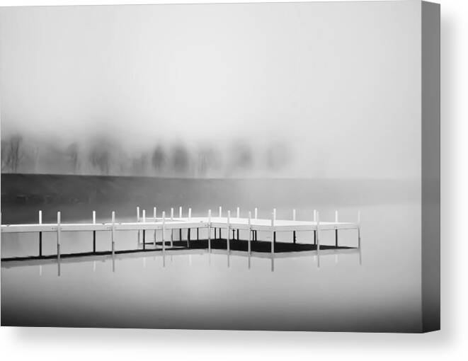 White Dock In Fog Canvas Print featuring the photograph Morning Fog Burn-off by Greg Jackson