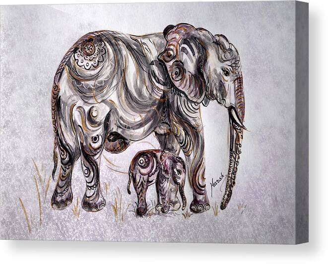 Elephant Canvas Print featuring the painting Mother Elephant by Harsh Malik