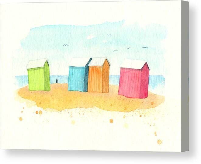 Watercolor Painting Canvas Print featuring the digital art Multi Colored Beach Huts by Nautic By Nature. Watercolor Illustrations From The Seaside