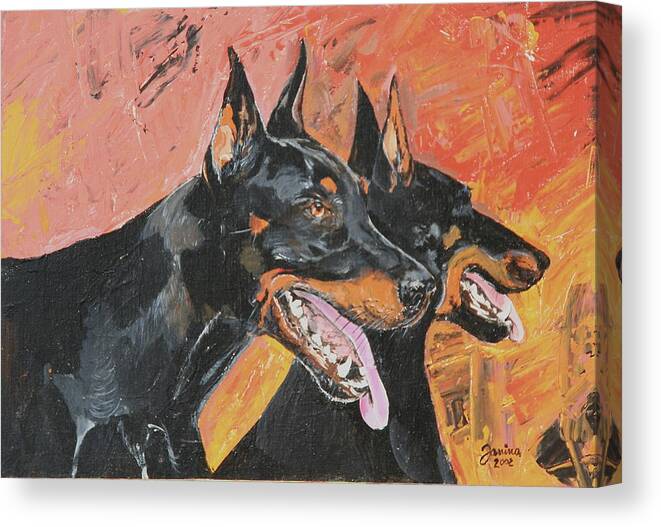 Dogs Canvas Print featuring the painting My dobermans by Janina Suuronen