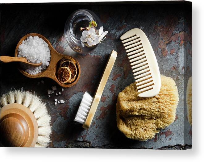 Comb Canvas Print featuring the photograph Natural Bath Accesories On Gray by Nightanddayimages