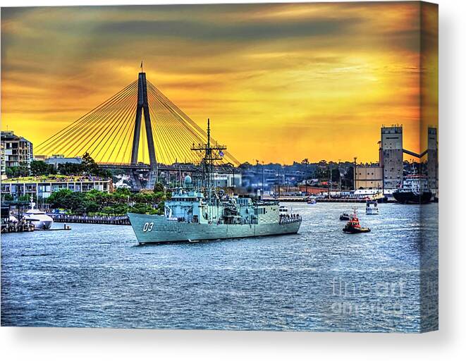 Photography Canvas Print featuring the photograph Navy Ship and Anzac Bridge at Sunset by Kaye Menner