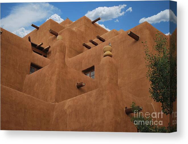 New Mexico Canvas Print featuring the photograph New Mexico Adobe Blue Sky Horizontal by Heather Kirk