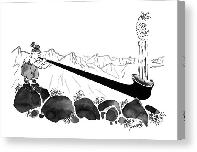 No Caption
A Shepherd In The Mountains Blows A Sheep Out Of His Aplenhorn. 
No Caption
A Shepherd In The Mountains Blows A Sheep Out Of His Aplenhorn. Rural Canvas Print featuring the drawing New Yorker April 8th, 1996 by Peter Porges