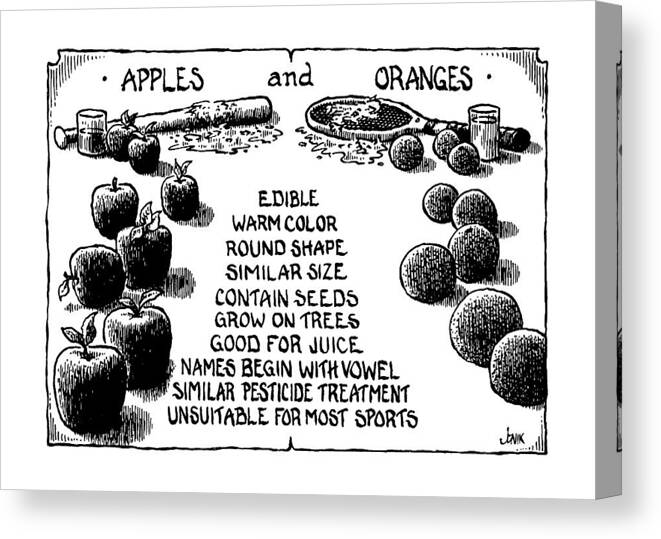 No Caption
Title: Apples And Oranges. Picture Of Apples And A Baseball Bat On One Side Canvas Print featuring the drawing New Yorker July 15th, 1991 by John Jonik