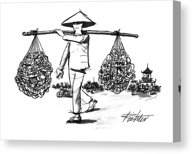 (the Chinese Farmer Carrying Soda
Cans.)(peasant's Load Canvas Print featuring the drawing New Yorker March 28th, 1994 by Mischa Richter