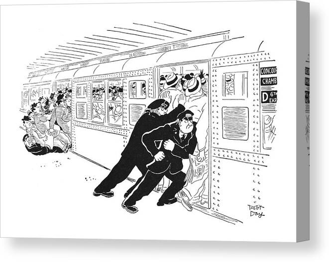 96069 Rda Robert J. Day (as Two Conductors Push Crowds Into A Door Of Subway Train During Rush Rush Hour Crowds Fall Out Of Another Door.) Another Bus Buses Cabbie City Conductors Crowds Door During Fall Hour Into Manhattan Metro-north Neighborhoods New Nyc Out Push Regional Rush Subway Taxi Taxis Train Transportation Two Urban York Canvas Print featuring the drawing New Yorker September 1st, 1951 by Robert J. Day