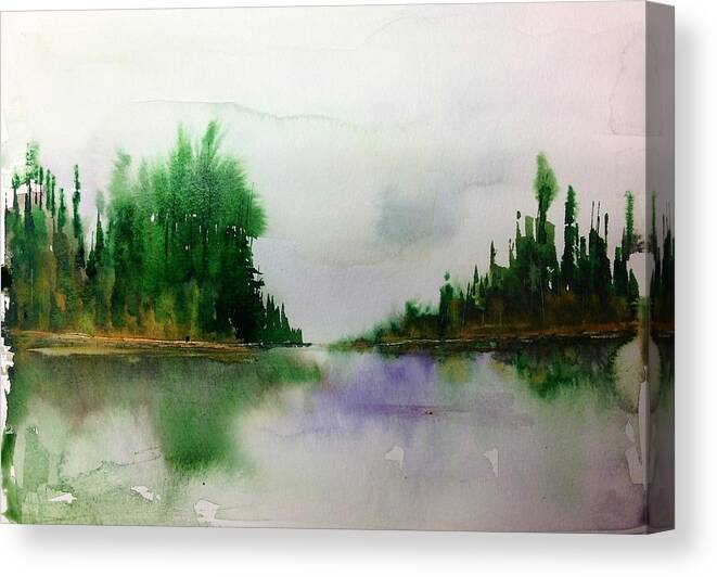 Watercolour Landscape Canvas Print featuring the painting Northern Lake - Mellow Day by Desmond Raymond