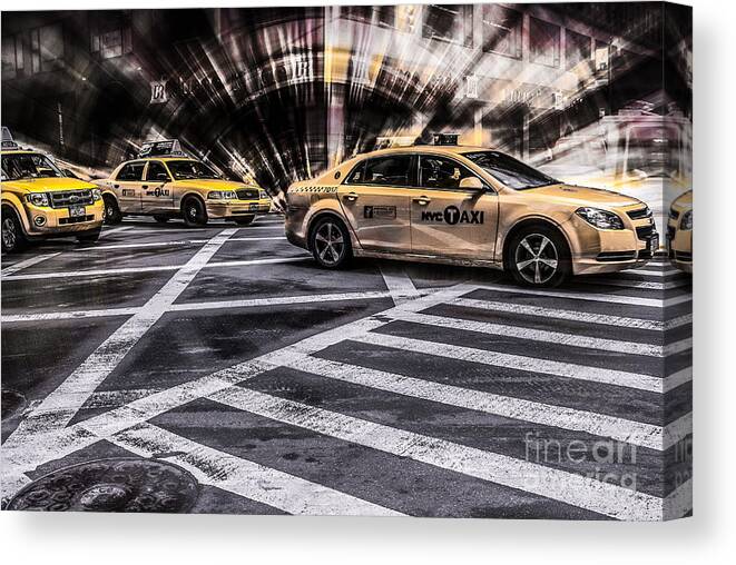 5th Canvas Print featuring the photograph NYC Yellow Cab on 5th Street - white by Hannes Cmarits