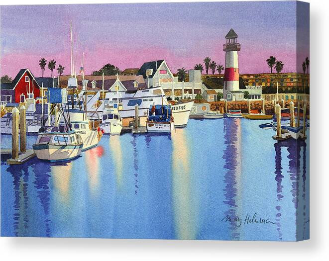 Oceanside Canvas Print featuring the painting Oceanside Harbor at Dusk by Mary Helmreich