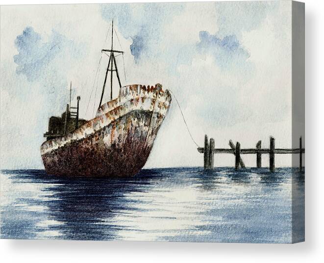 Boat Canvas Print featuring the painting Old Rusty Ship by Michael Vigliotti
