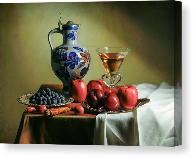 Ontbijt Canvas Print featuring the photograph Ontbijtje with Blue Tankard-Red Apples and Venetian Glass by Levin Rodriguez