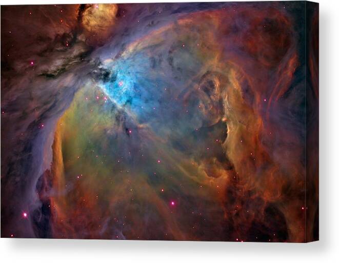 Photo Orion Nebula Nebulae Clouds Gas Dust New Stars Star Nursery Light Years Across Astronomy Nasa Hubble Orbiting Space Telescope Spitzer Orbiting Space Telescope National Aeronautics And Space Administration Usa America American Copy Art Prints Outer Space Deep Space Star Trek Star Wars Astrophysics Rocketry Galaxy Galaxies Black Holes Universe Copy Art Prints Space Travel Birth Birthplace For New Stars Glow Glowing Glows Bright Brightly Brighter Brightest Parsec Parsecs Universe Cosmology Canvas Print featuring the photograph Orion Nebula Maximum Resolution by L Brown