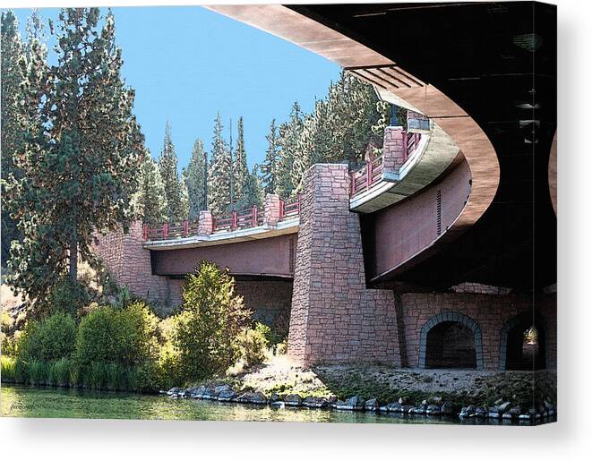 Farewell Bend Park Old Mill City Oregon Deschutes River Healy Bridge South Trail Hike Walk Water Central Brick Pines Ponderosa Wildlife Tourist Trees Rocks Curve Architectural Transportation Landscape Color Painterly Rimrock Tunnel Road Nature City Exercise Gwyn Newcombe Canvas Print featuring the photograph Healy Bridge Over Deschutes River by Gwyn Newcombe