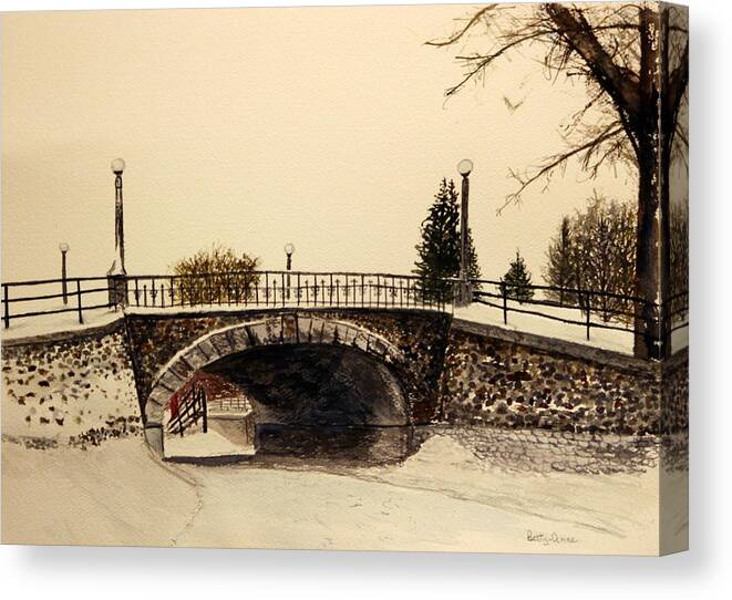 Snow Canvas Print featuring the painting Patterson Creek Bridge by Betty-Anne McDonald