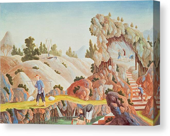 Industry Canvas Print featuring the painting Peasants Quarrying And Collecting Kaolin For A Porcelain Factory by Chinese School