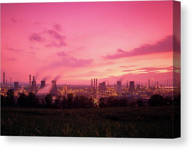 Factory Canvas Print featuring the photograph Petrochemical Plant At Dusk by Andy Williams/science Photo Library