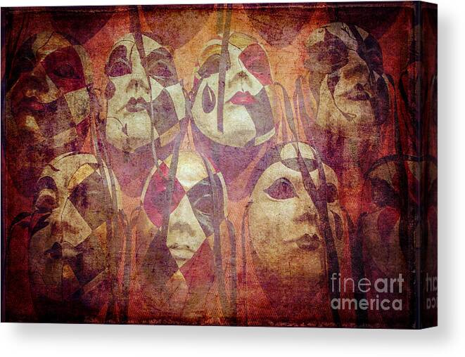 Atmospheric Canvas Print featuring the photograph Pierrot Masks Hanging On A Wall by Danilo Piccioni