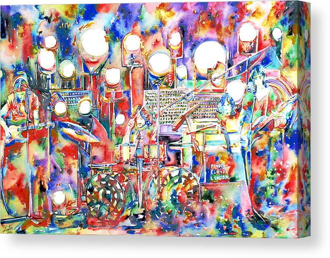 Pink Canvas Print featuring the painting PINK FLOYD LIVE CONCERT watercolor PAINTING.1 by Fabrizio Cassetta