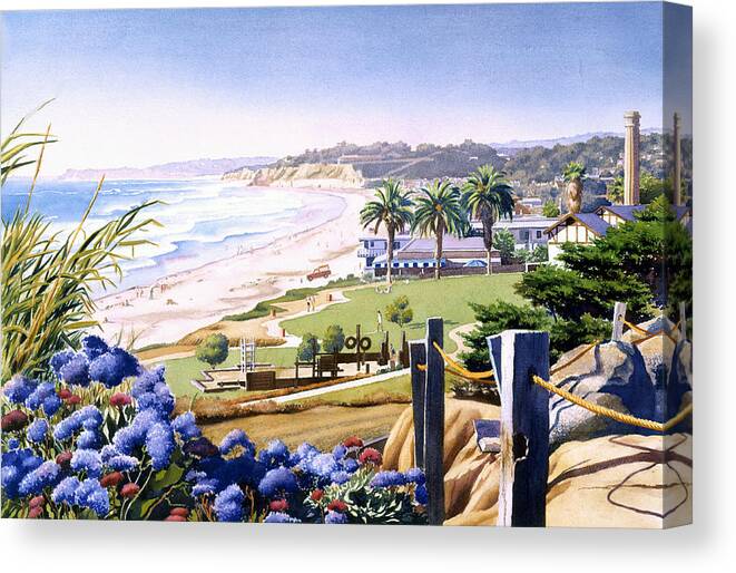 Powerhouse Canvas Print featuring the painting Powerhouse Beach Del Mar Blue by Mary Helmreich