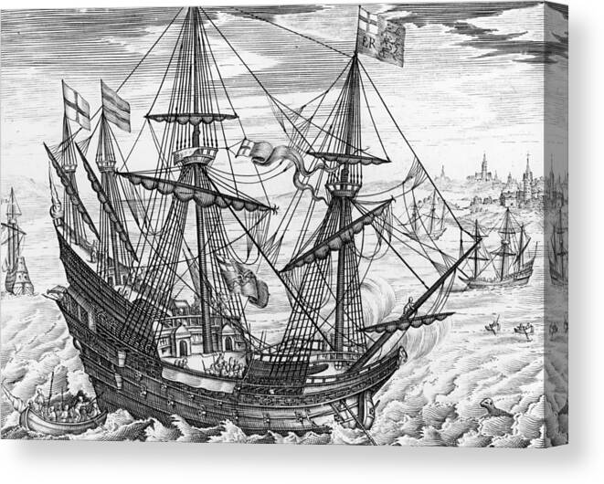 Boat; Sailing; Tudor; Elizabethan; Navy; Royal; Armada; Flag; Standard Canvas Print featuring the drawing Queen Elizabeth s Galleon by English School