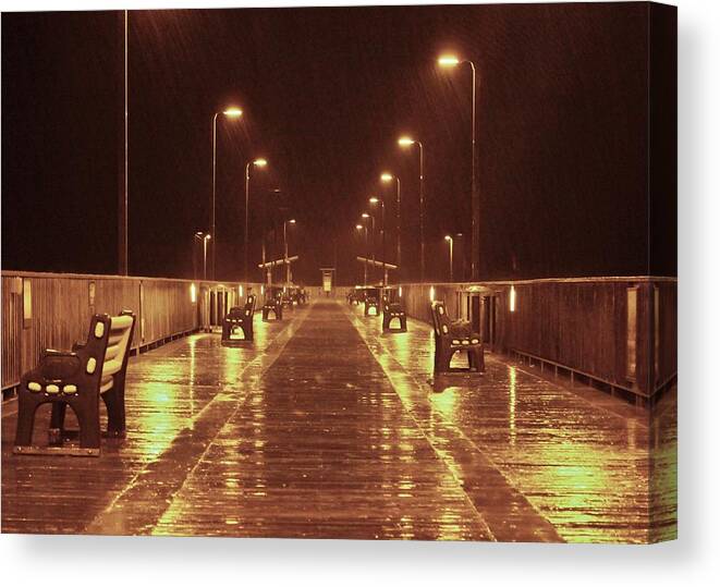 Rain Canvas Print featuring the photograph Rainy Night on the Pier by David Zarecor
