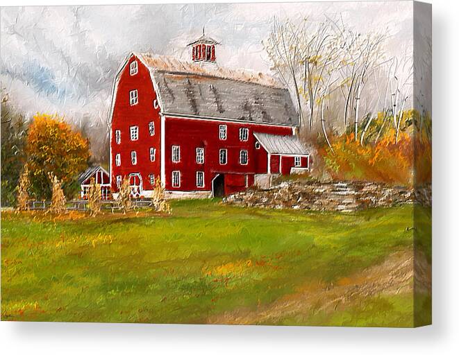 Farmhouse At Robinson Farm Canvas Print featuring the painting Red Barn in Woodstock Vermont- Red Barn Art by Lourry Legarde