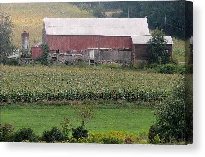 Landscape Canvas Print featuring the photograph Red Barn on the Hill by Loretta Pokorny
