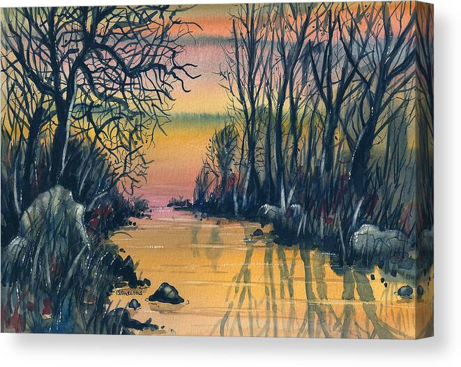 Watercolor Canvas Print featuring the painting River At Sunset by Terry Banderas