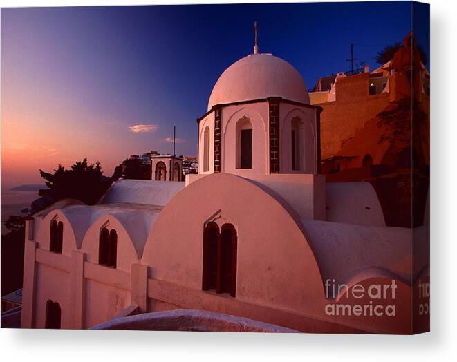 Santorini Canvas Print featuring the photograph Rose color church by Aiolos Greek Collections