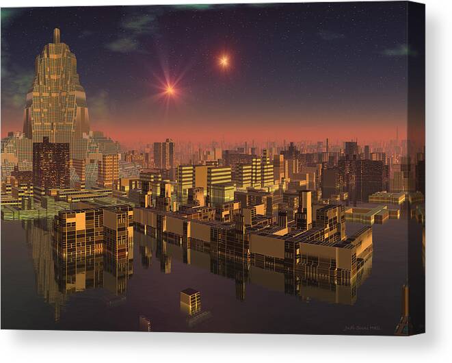 Sci Fi Canvas Print featuring the digital art Rujjipet Sunset Alien Cityscape by Judi Suni Hall
