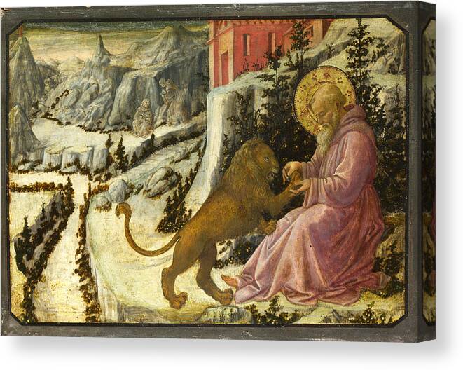 Fra Filippo Lippi And Workshop Canvas Print featuring the painting Saint Jerome and the Lion - Predella Panel by Fra Filippo Lippi and Workshop