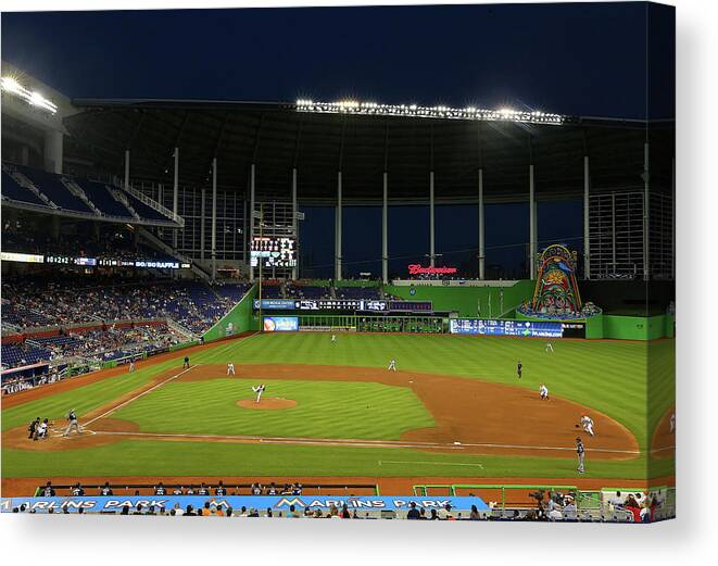 American League Baseball Canvas Print featuring the photograph San Diego Padres V Miami Marlins by Mike Ehrmann