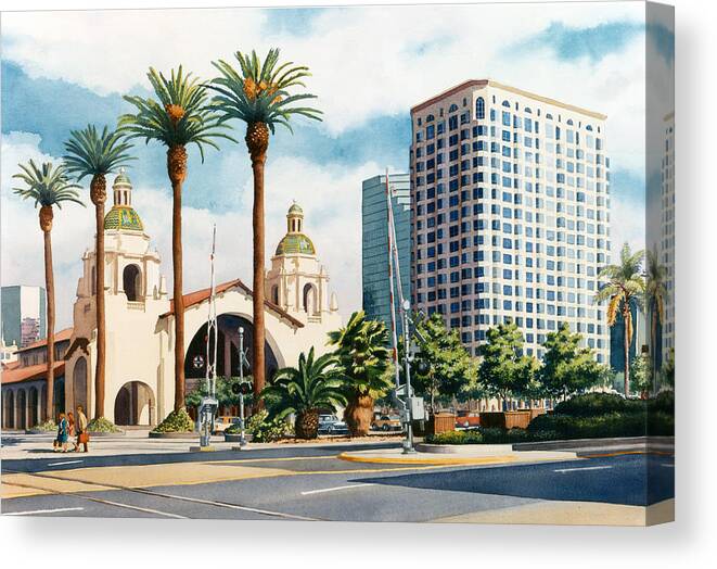 Santa Fe Canvas Print featuring the painting Santa Fe Depot San Diego by Mary Helmreich