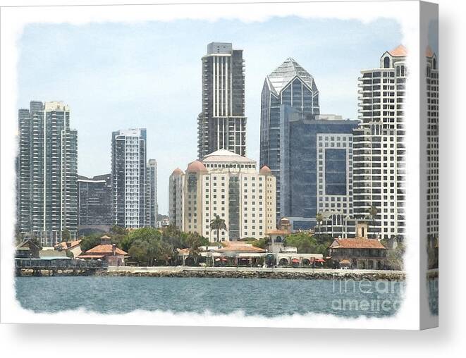 Architecture Canvas Print featuring the mixed media Seaport Village and Downtown San Diego Watercolor by Claudia Ellis