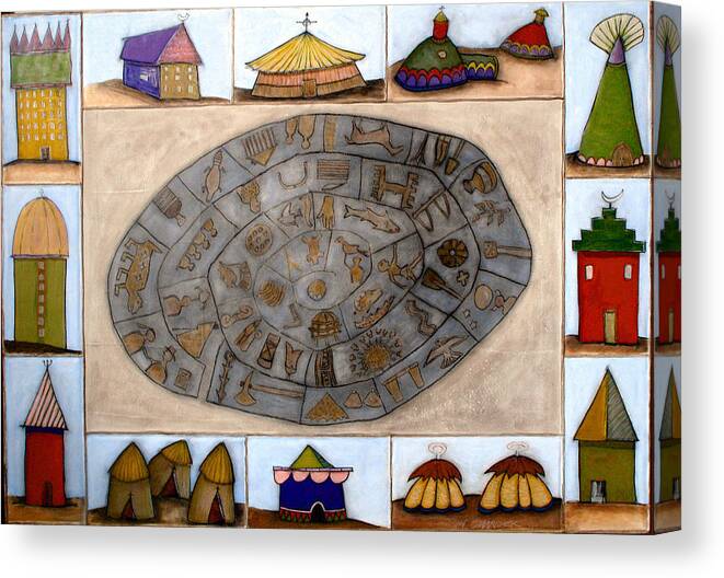 Ancient Shelter Forms Canvas Print featuring the painting Shelter and Disc by Michael Sharber