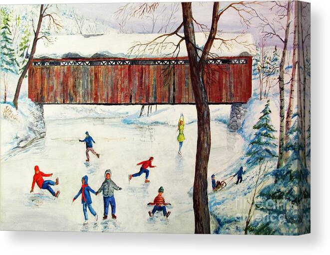 Winter Poster Canvas Print featuring the painting Skating At The Bridge by Philip Lee