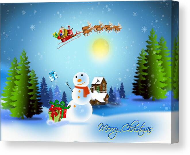 Christmas Canvas Print featuring the digital art Snowmen receive gifts too by Spikey Mouse Photography