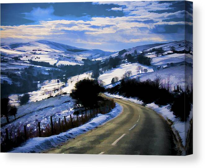 Dawn Canvas Print featuring the photograph Snowy scene and rural road by Neil Alexander Photography