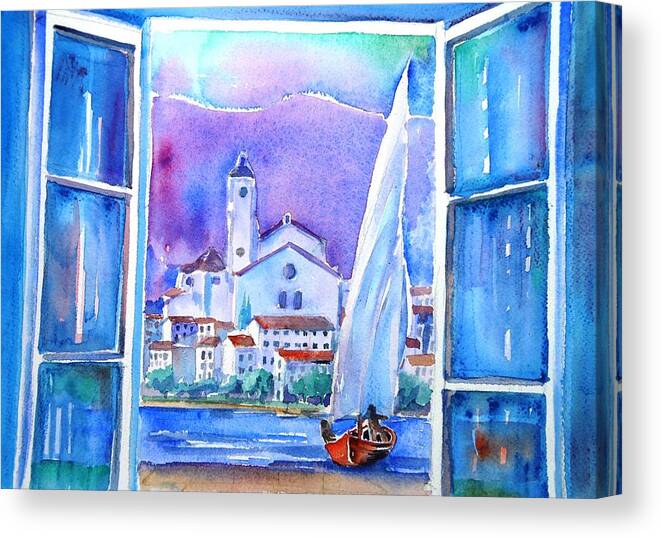 Spanish Fishing Village Canvas Print featuring the painting Spanish Window in Cadaques and the Church of Santa Maria by Trudi Doyle