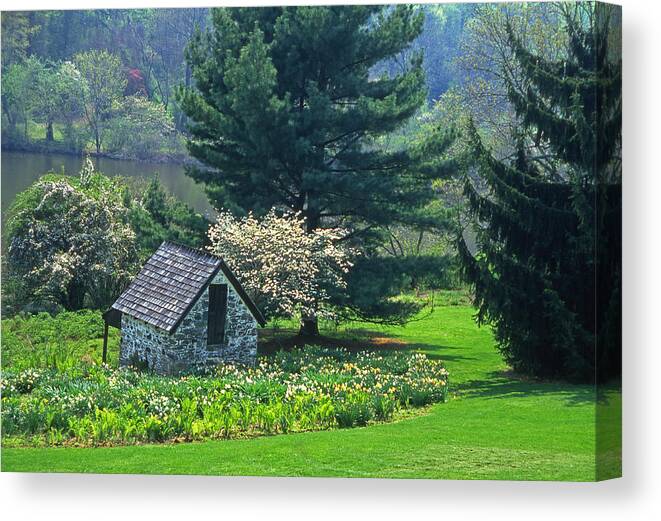 Pennsylvania Canvas Print featuring the photograph Springtime in meadow with spring house by Blair Seitz