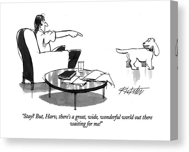 
(dog Says To His Owner Who Is Admonishing Him From An Easy Chair)
Animals Canvas Print featuring the drawing Stay? But, Harv, There's A Great, Wide, Wonderful by Mischa Richter