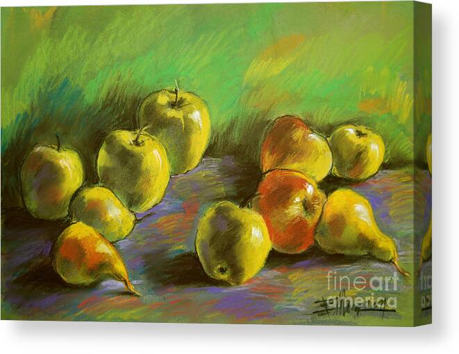 Still Life With Apples And Peaches Canvas Print featuring the painting Still Life With Apples And Pears by Mona Edulesco