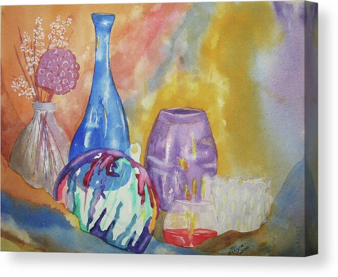 Wine Bottle Canvas Print featuring the painting Still Life with Witching Ball by Ellen Levinson